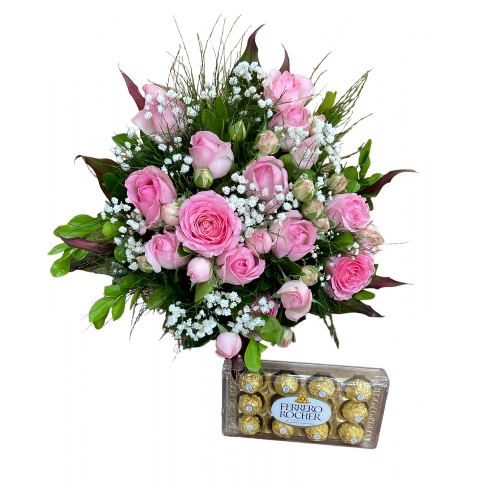 BUQUÊ TRADICIONAL COR DE ROSA COM FERRERO