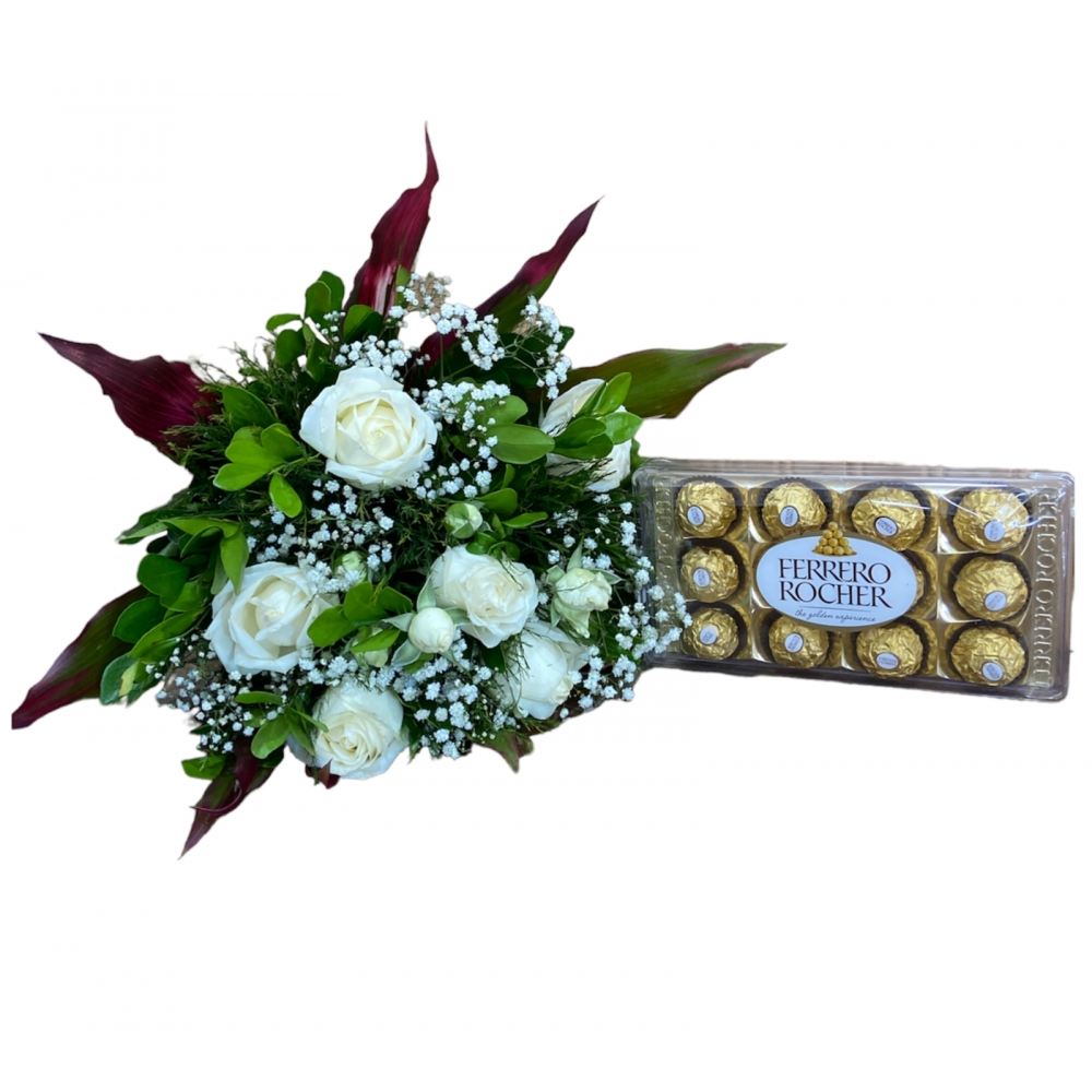 BUQUÊ MEIA DÚZIA DE ROSAS BRANCAS COM FERRERO ROCHER